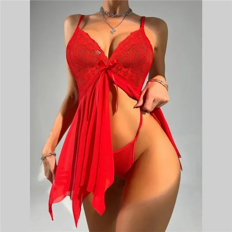 Women's Sexy Nightwear Black Lace Mesh Perspective Exotic Dress Sexy Lingerie Women Pajamas Ackless Female Sexy Nighties