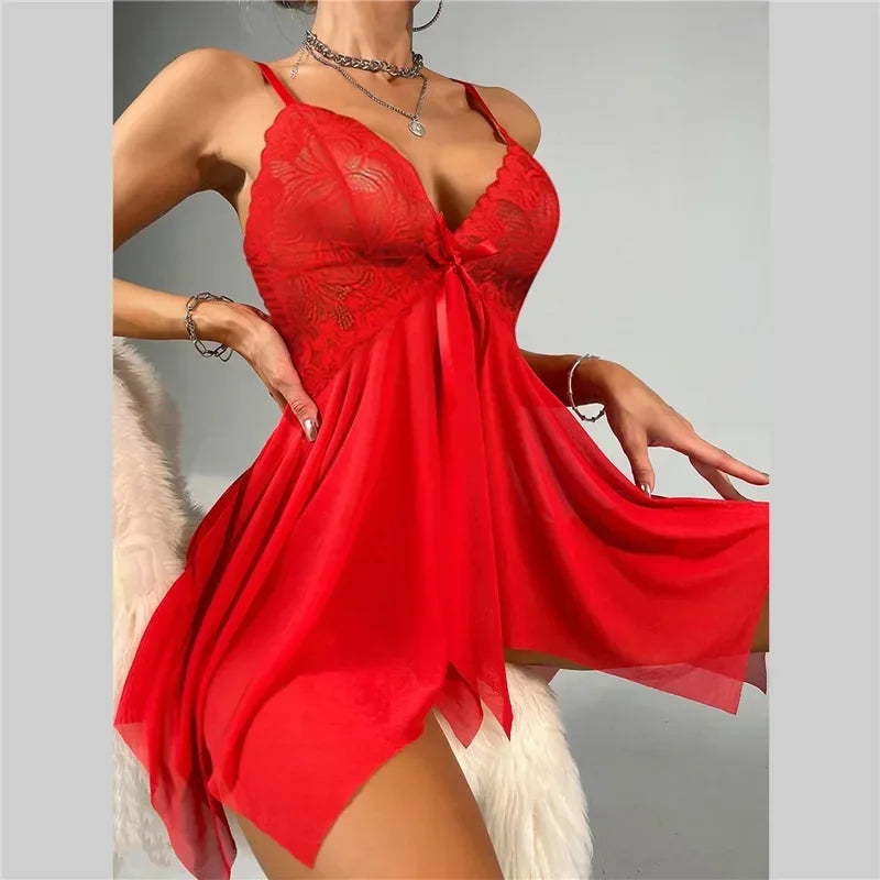 Women's Sexy Nightwear Black Lace Mesh Perspective Exotic Dress Sexy Lingerie Women Pajamas Ackless Female Sexy Nighties